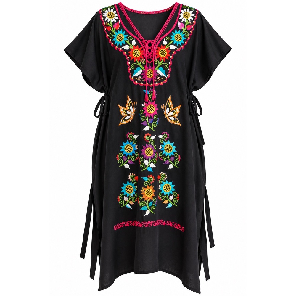 Black Embroidered Caftan Dress Boho Floral Butterfly Wearable Art Artisan XL